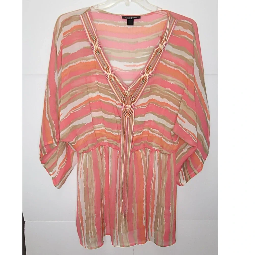 Ashley Stewart Chiffon Tunic 14/16 Coral Aztec Peasant Macrame Boho Beach Resort